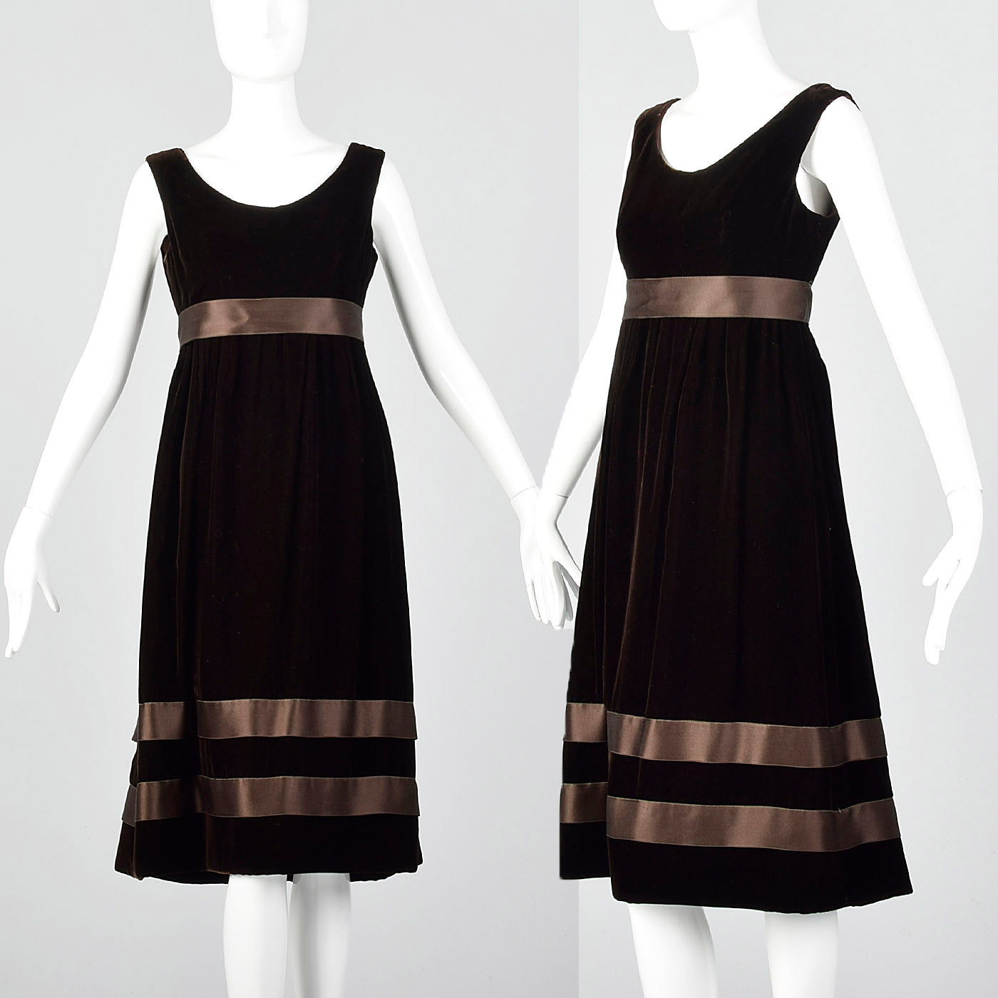 1960s Brown Velvet Dress with Satin Ribbon Waist and Hem Style & Salvage 1960s Brown Velvet Dress with Satin Ribbon Waist and Hem Style & Salvage