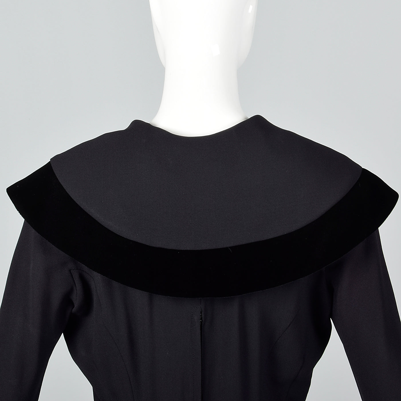 1950s Black Rayon Dress with Velvet Trim and Shawl Collar