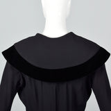 1950s Black Rayon Dress with Velvet Trim and Shawl Collar