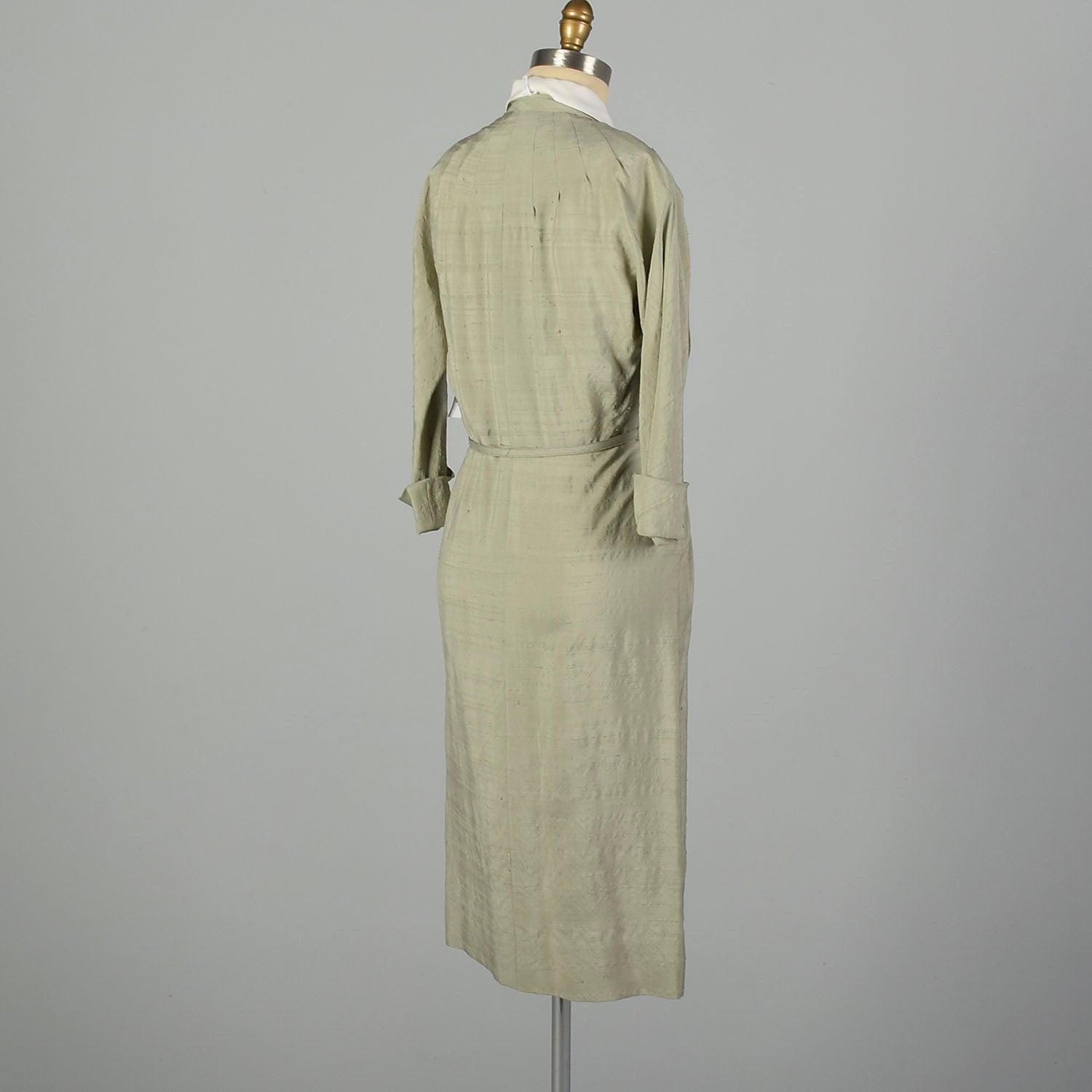 Medium 1950s Dress Designer Sage Green Lightweight Silk Long Sleeve