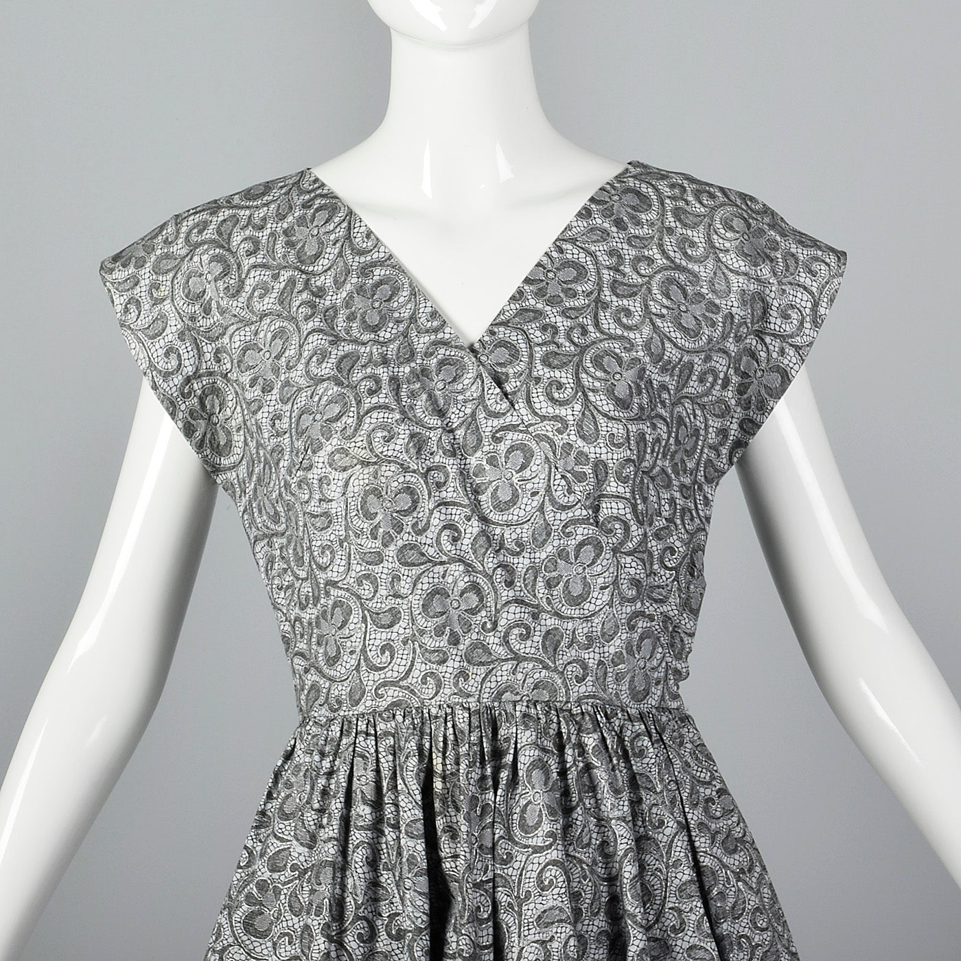 1950s Gray Cotton Lace Print Dress