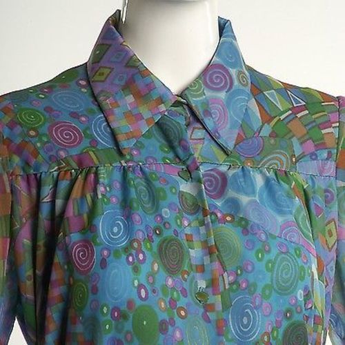 1960  Long Sleeve Maxi Tent Dress Trapeze Geometric Psychedelic Blue Belted