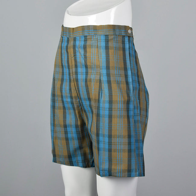 1950s Brown and Blue Plaid Shorts