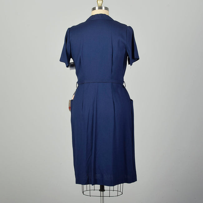 XXL 1950s Navy Blue Cotton Dress Rayon Deadstock Short Sleeve Volup