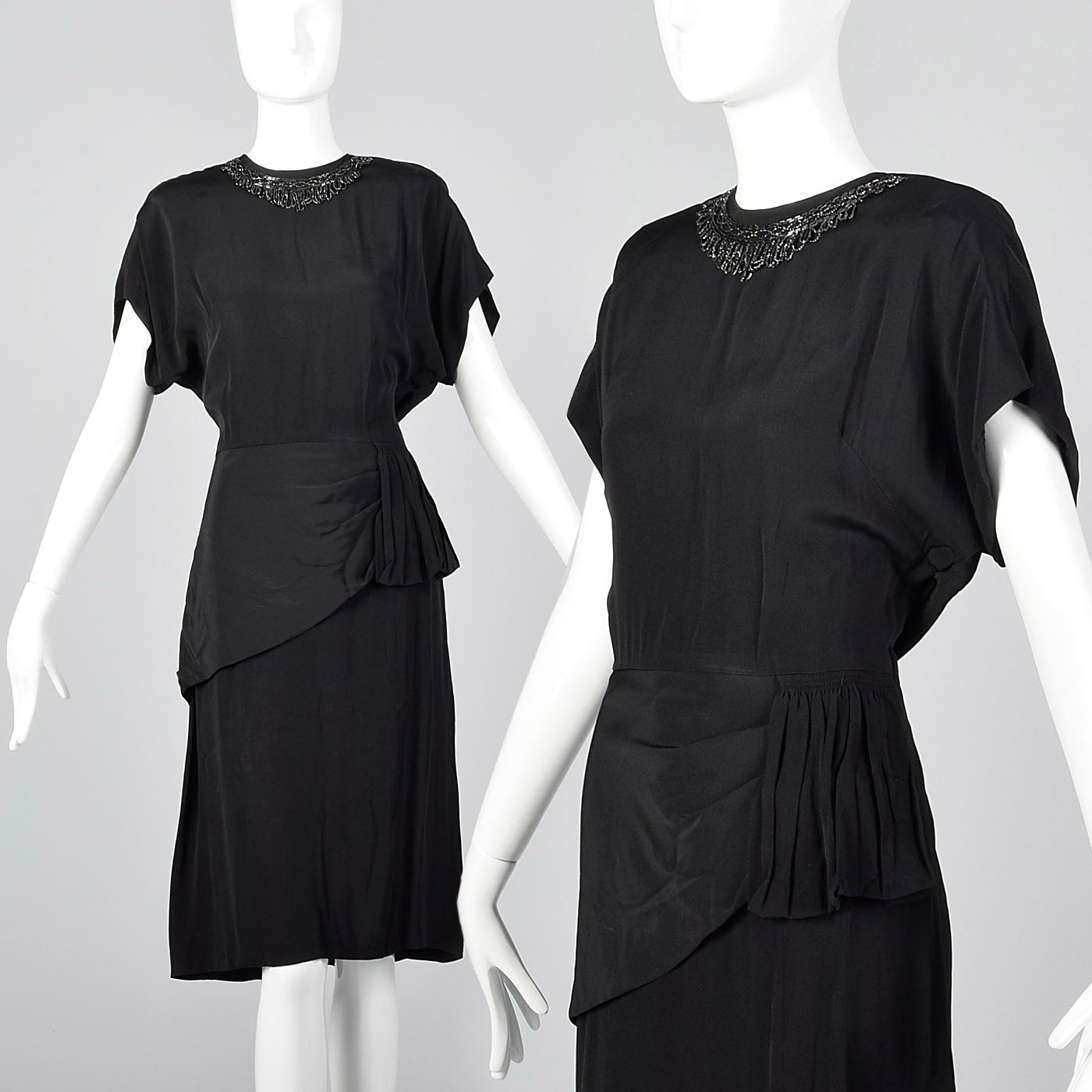 1940s Black Rayon Dress with Beaded Collar