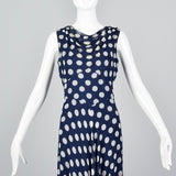 1970s Navy Dress with White Polka Dots