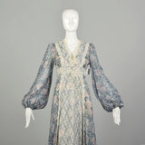 XS 1970s Gunne Sax Prairie Dress Lace Up Corset Bodice Tie Back Waist Long Sleeve Cottagecore Floral Print Maxi