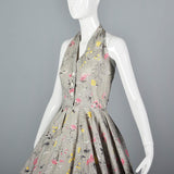 1950s Gray Floral Print Halter Dress with Full Circle Skirt