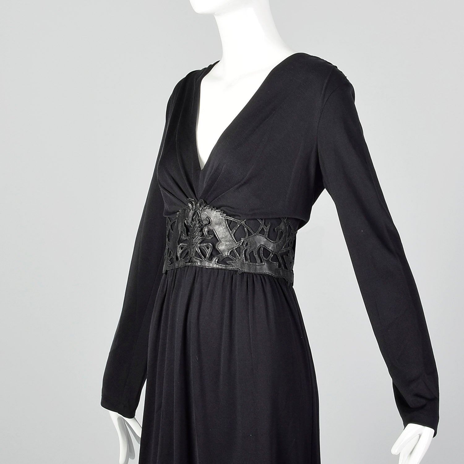 Large Cacharel Black Silk Jersey Dress with Vegan Leather Waist Band