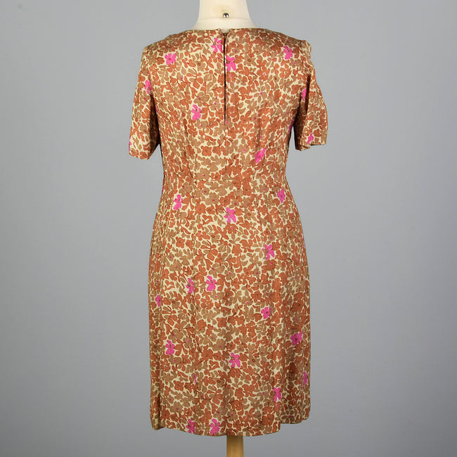 1950s Brown Floral Dress with Cut Out Neck
