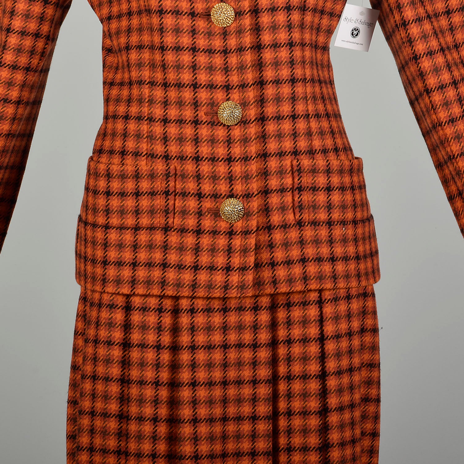 Large 1990s Givenchy Houndstooth Plaid Ensemble Orange Autumn Tweed Wool 2 Piece Skirt Suit