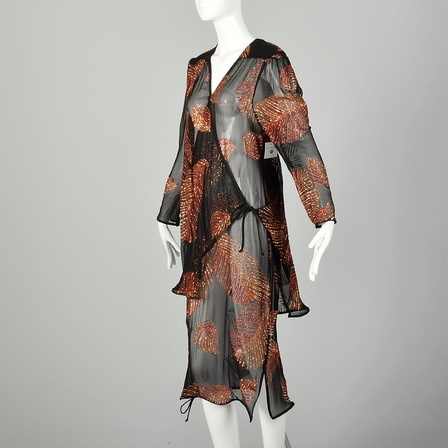 Medium 1980s Two Piece Wrap Dress Black Sheer Glitter