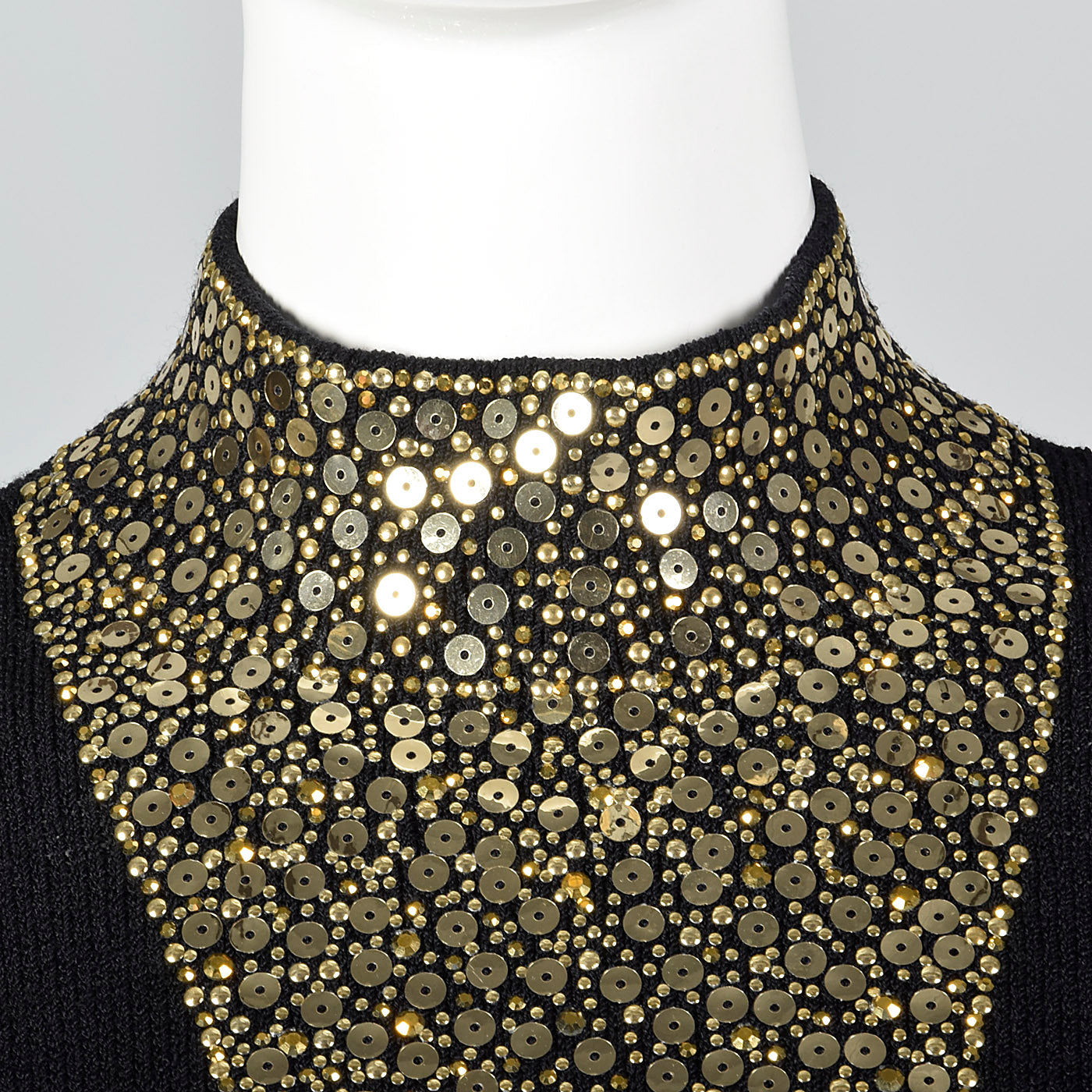 1980s St John Evening Long Black Knit Formal Dress with Gold Sequin Design