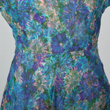 1950s Blue Floral Print Dress with Chiffon Overlay