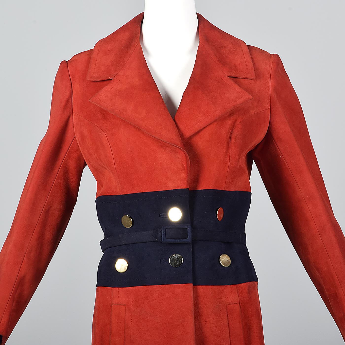 Bright Red Loewe Leather Trench Coat with Navy Blue Waist and Mod Gold Buttons