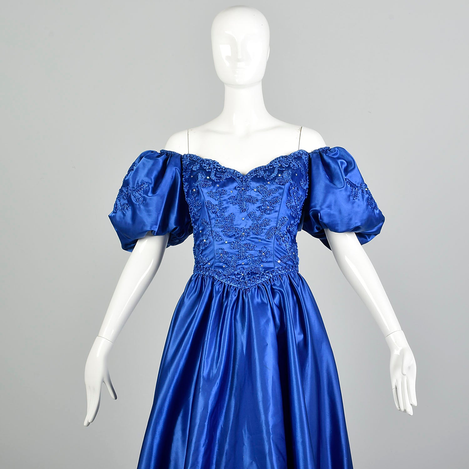 Large 1980s Mike Benet Formals Blue Ribbon Puff Sleeve Prom Dress