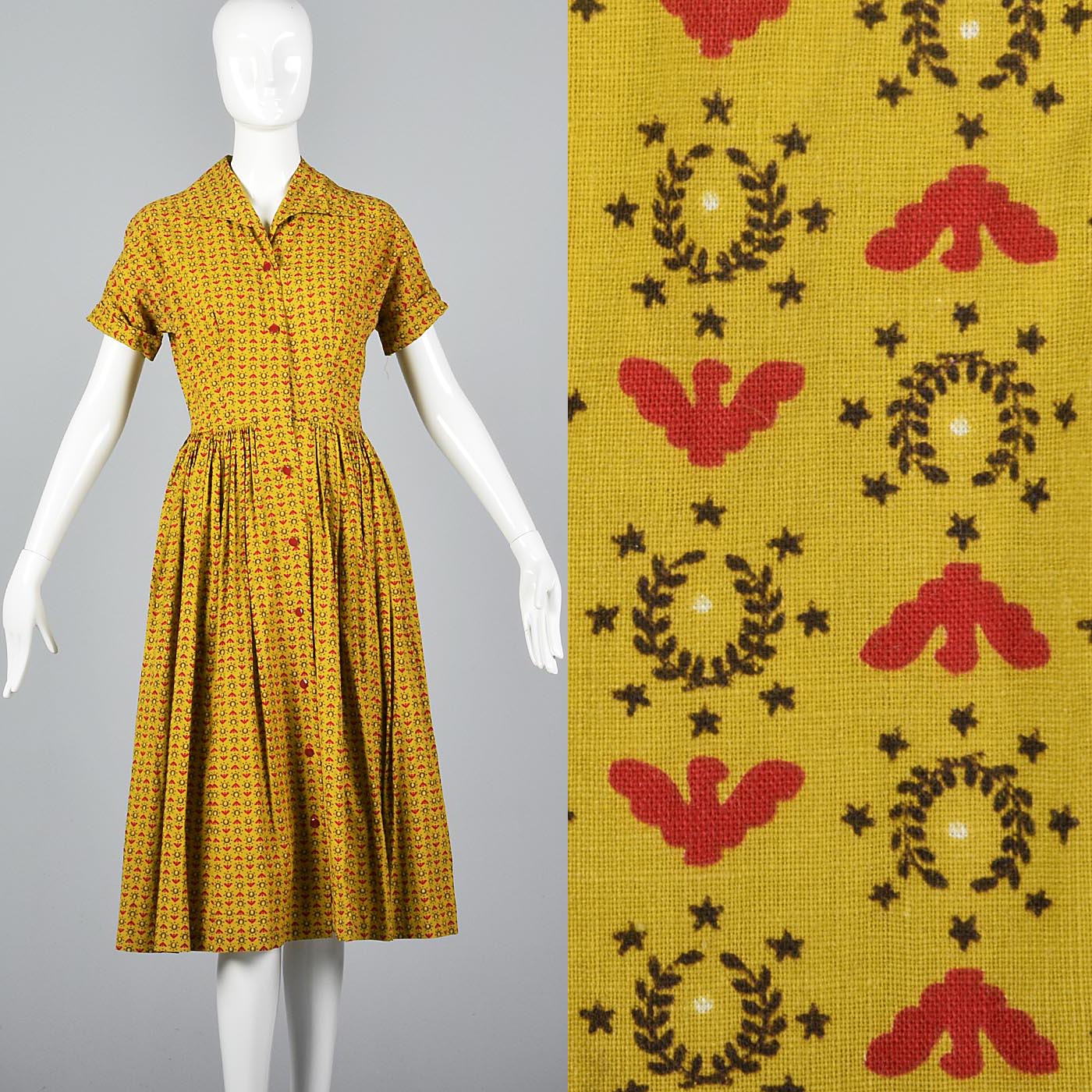1950s Gold Novelty Print Cotton Day Dress with Eagles and Laurel Crests