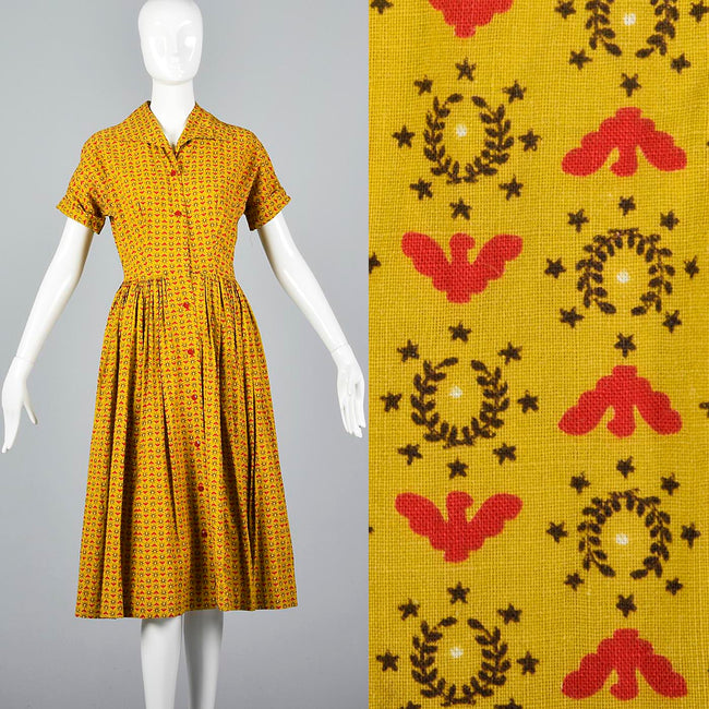 1950s Gold Novelty Print Cotton Day Dress with Eagles and Laurel Crests