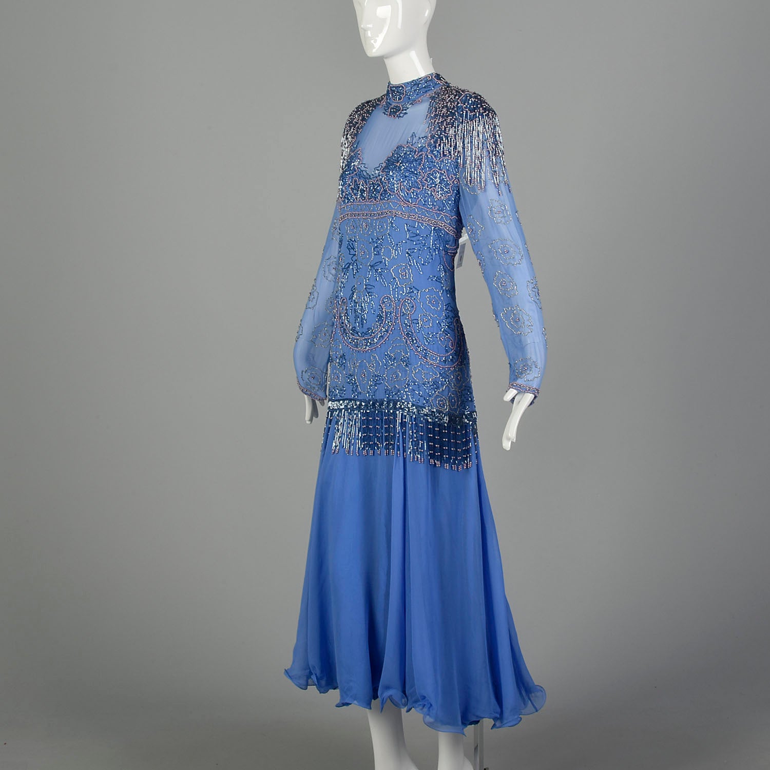 1980s Blue Silk Evening Gown Beaded Formal Dress Modest Drop Waist