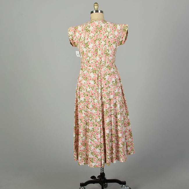 XL 1950s Day Dress Floral Cotton Pink Shirtwaist Lightweight Fit and Flare