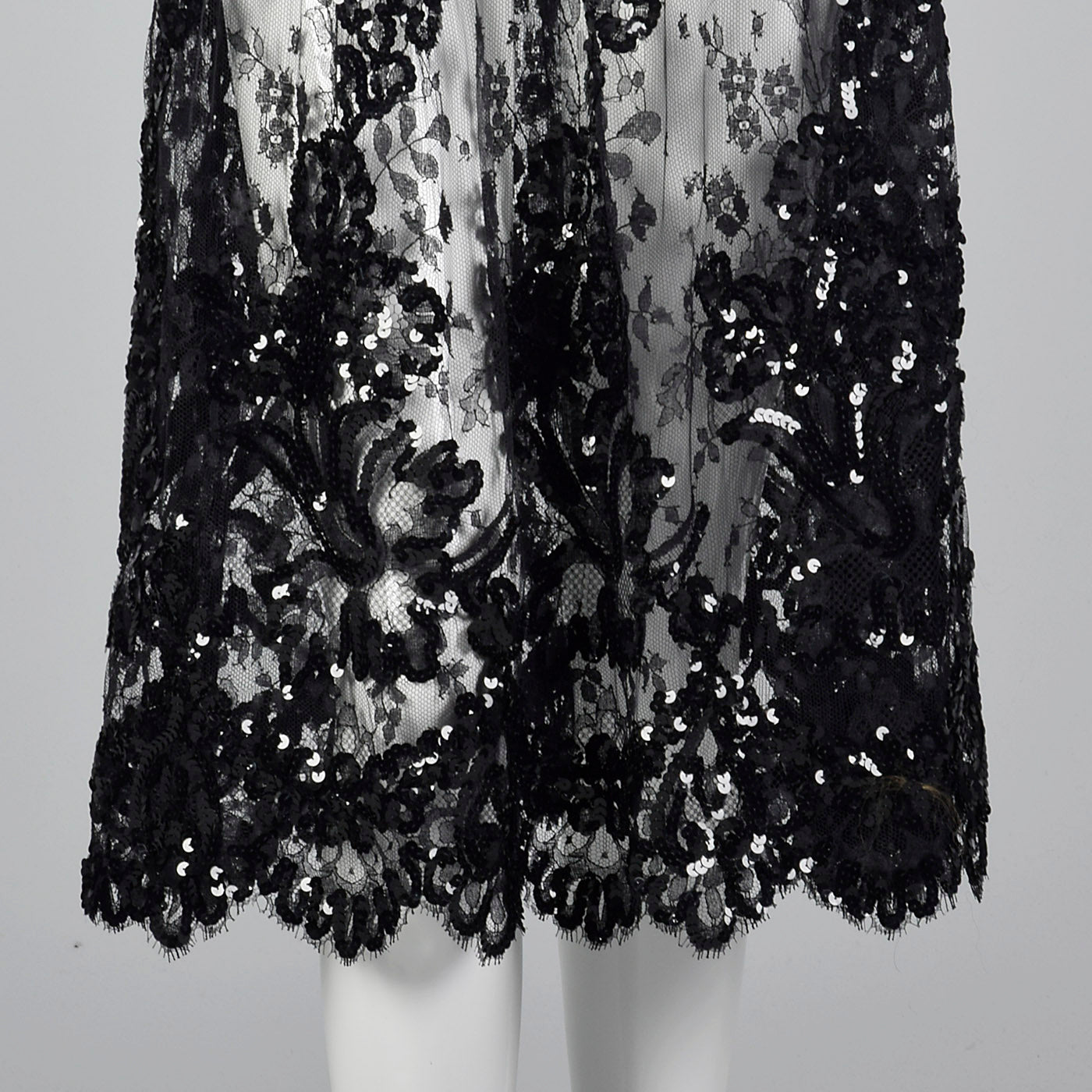 1980s Sheer Black Lace Dress with Sequins & Scalloped Hem