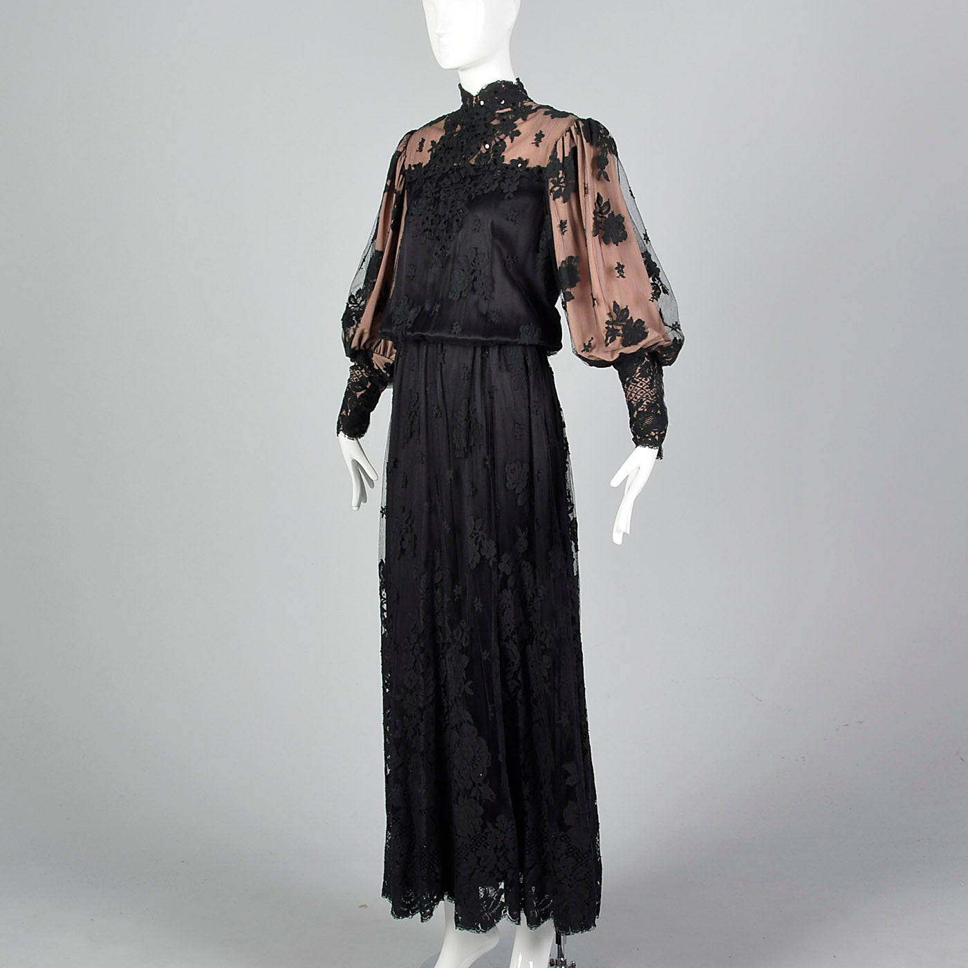 1970s Black Lace Overlay Dress with Sequin Bust