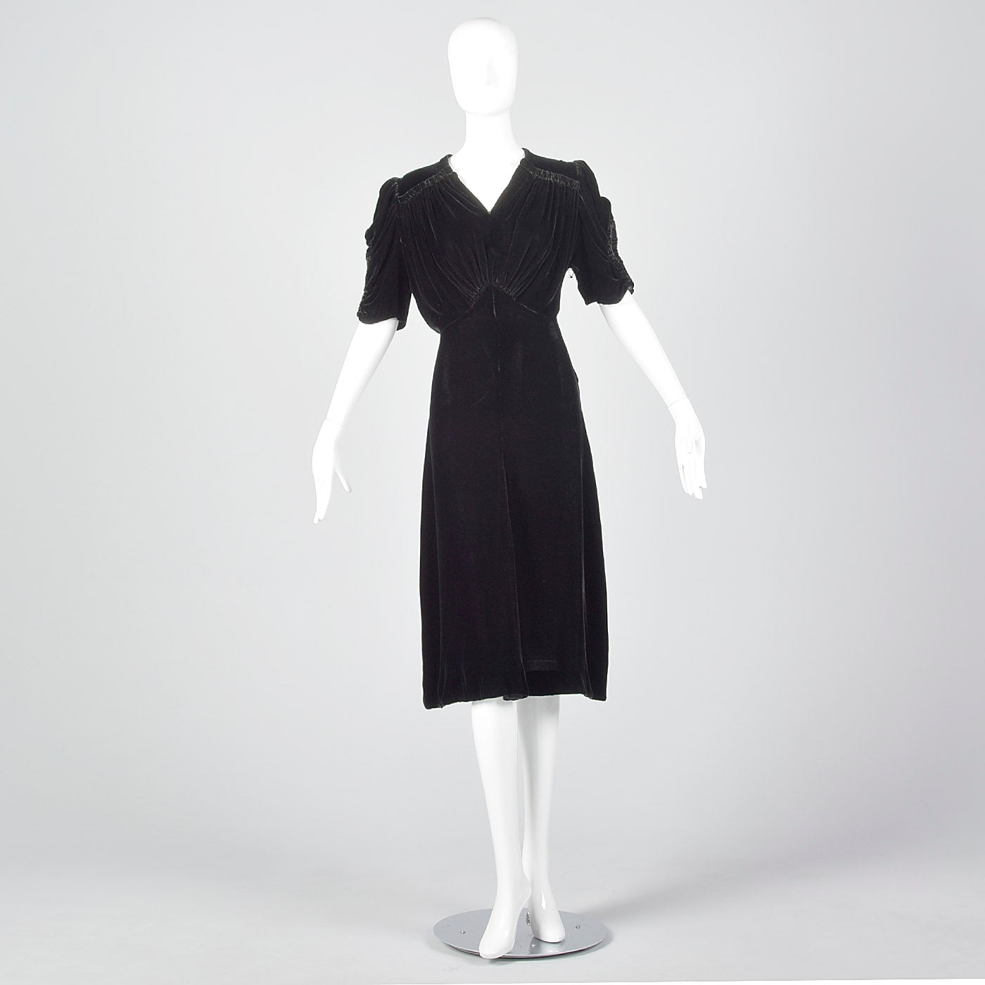 Large 1940s Black Velvet Dress with Open Sleeve Detail