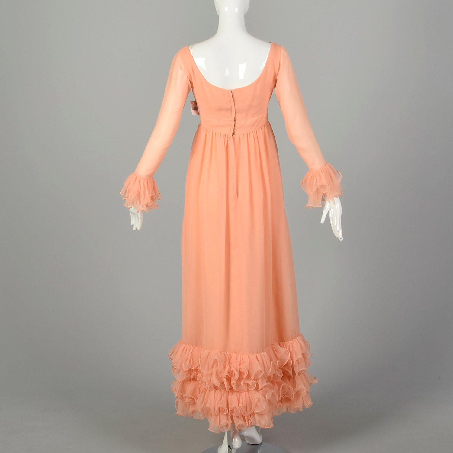 XS 1960s Lillie Rubin Sherbet Gown Maxi Evening Dress Flowy Modest Orange Pastel Long Sleeve Ruffle