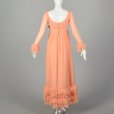 XS 1960s Lillie Rubin Sherbet Gown Maxi Evening Dress Flowy Modest Orange Pastel Long Sleeve Ruffle