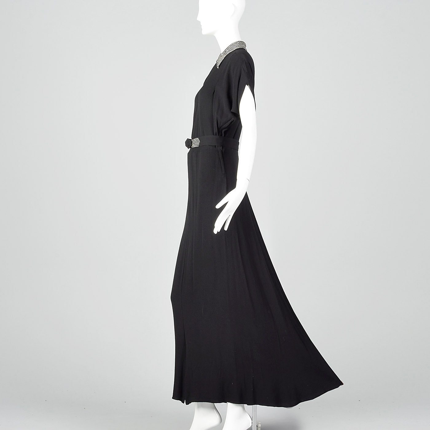 1940s Black Rayon Dress with Rhinestone Collar