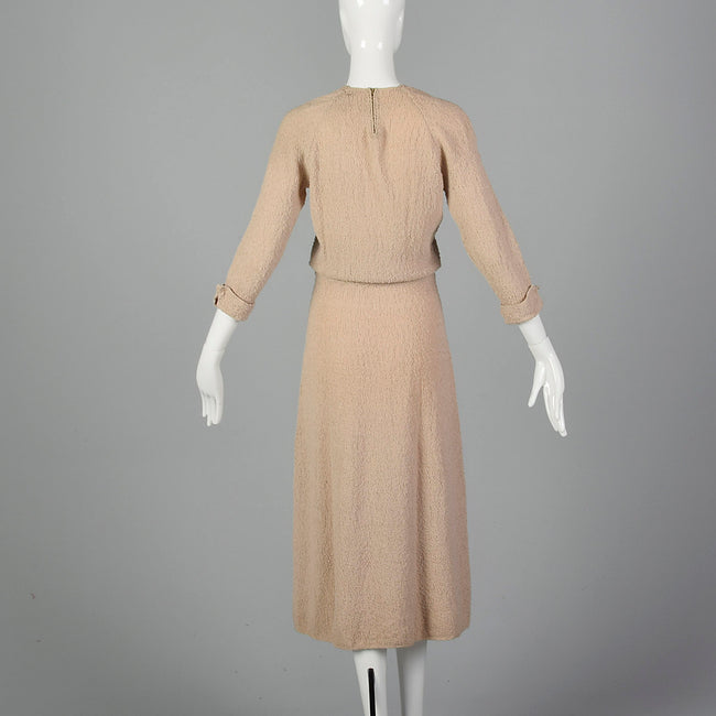 1940s Taupe Knit Dress with Beaded Bust