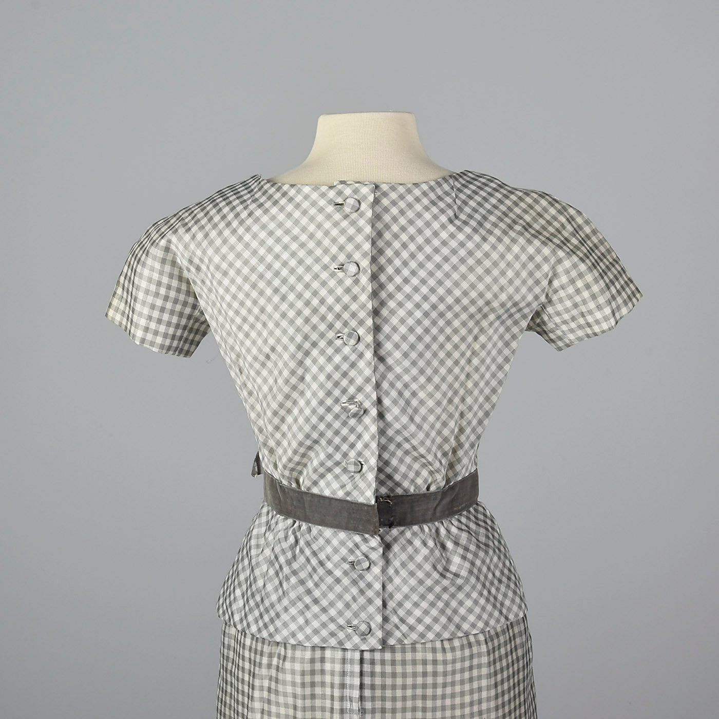 1950s Gray and White Gingham Dress with Velvet Waist Band