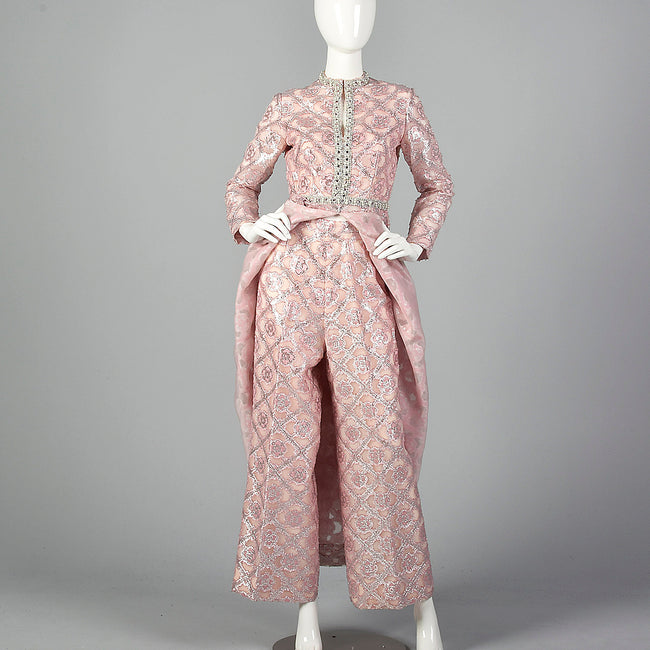 1960s Pink and Silver Tunic Dress and Pant Set