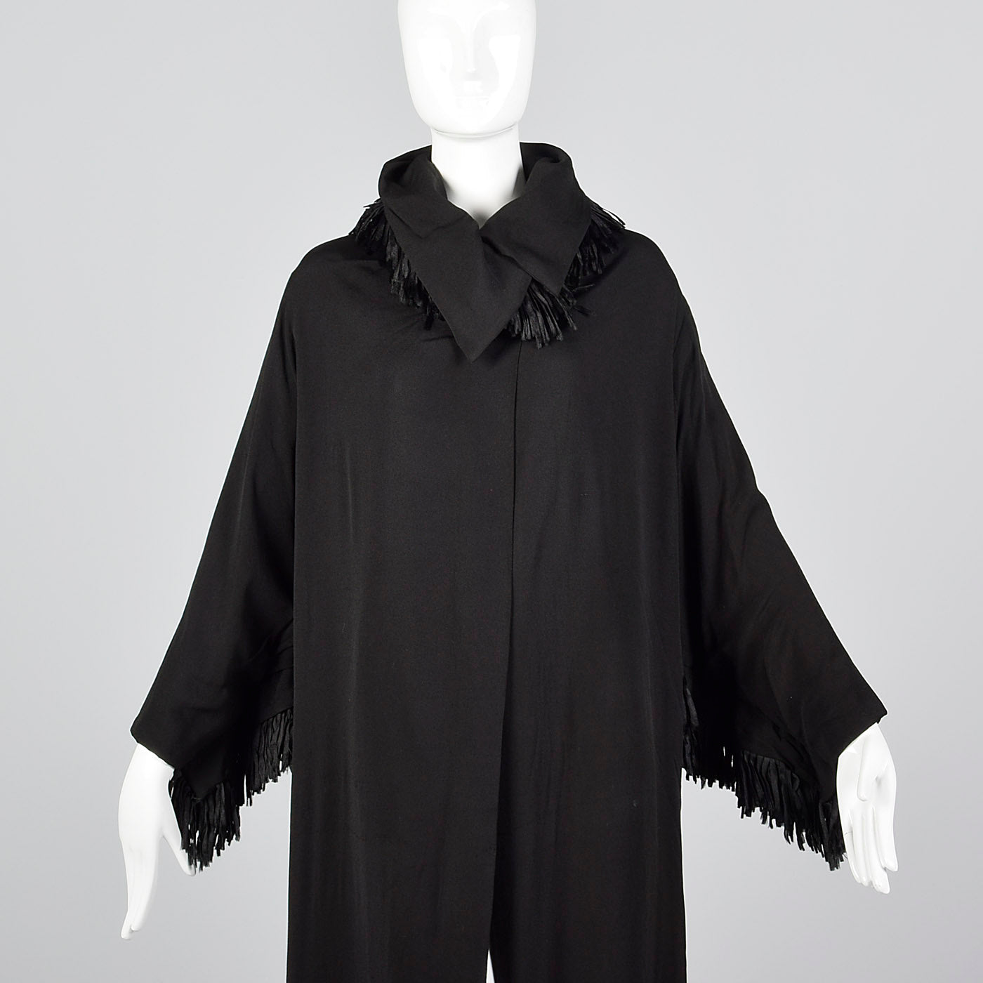 1920s Black Silk Flapper Coat with Fringe Trim