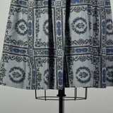 Large 1950s Day Dress Grey Novelty Block Print Cotton Summer