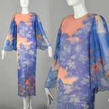 Small 1980s Hanae Mori Dress Blue Woodland Print Lightweight Silk