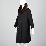 1960s Black Wool Double Breasted Coat with Mink Collar