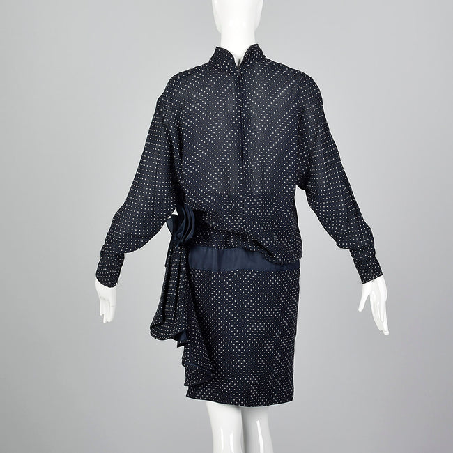 1980s Valentino Night Navy Silk Dress with Swiss Dot Print