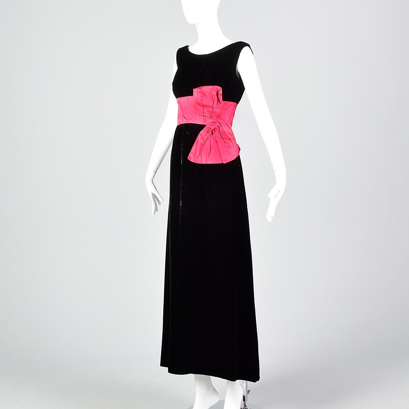 1960s Black Velvet Dress with Pink Cummerbund Waist