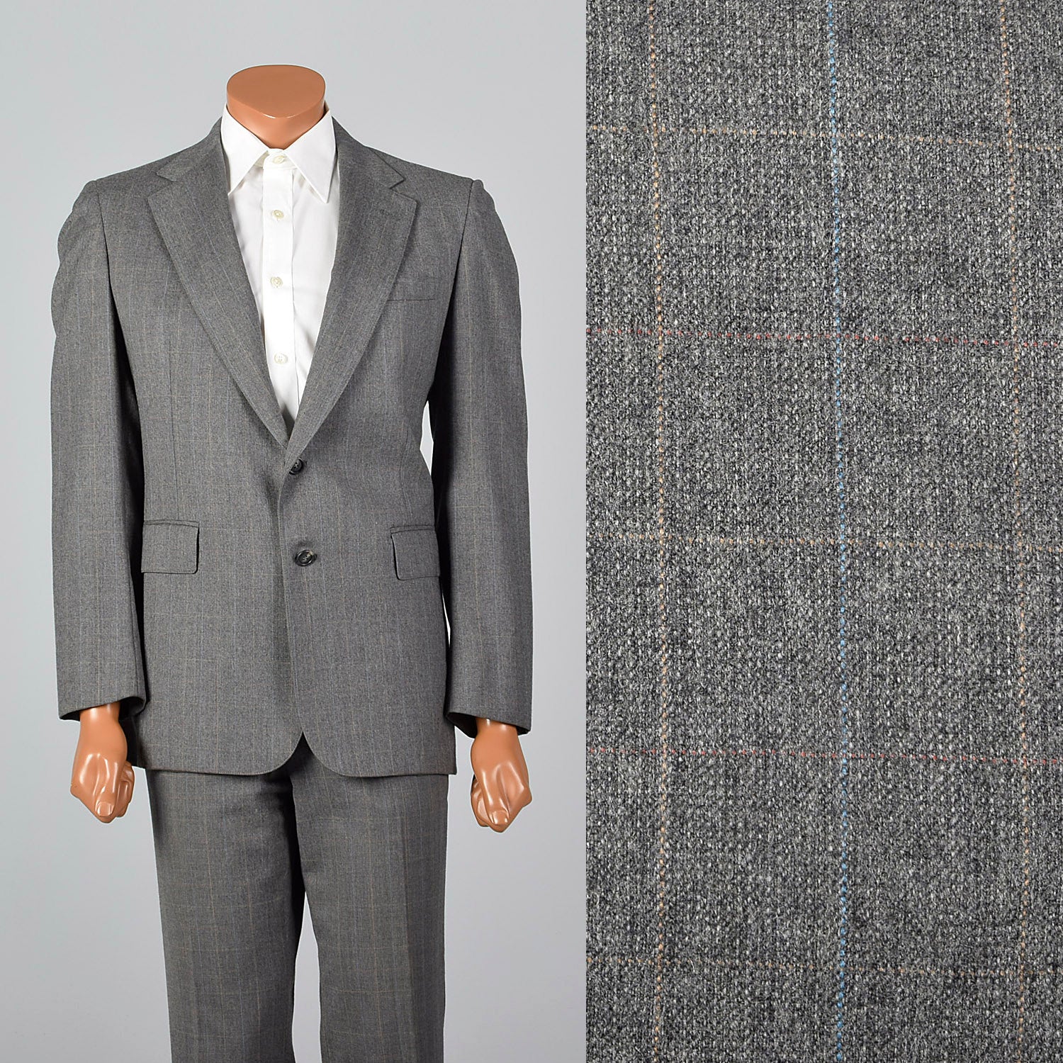 Medium 1970s Gray Windowpane Plaid Suit