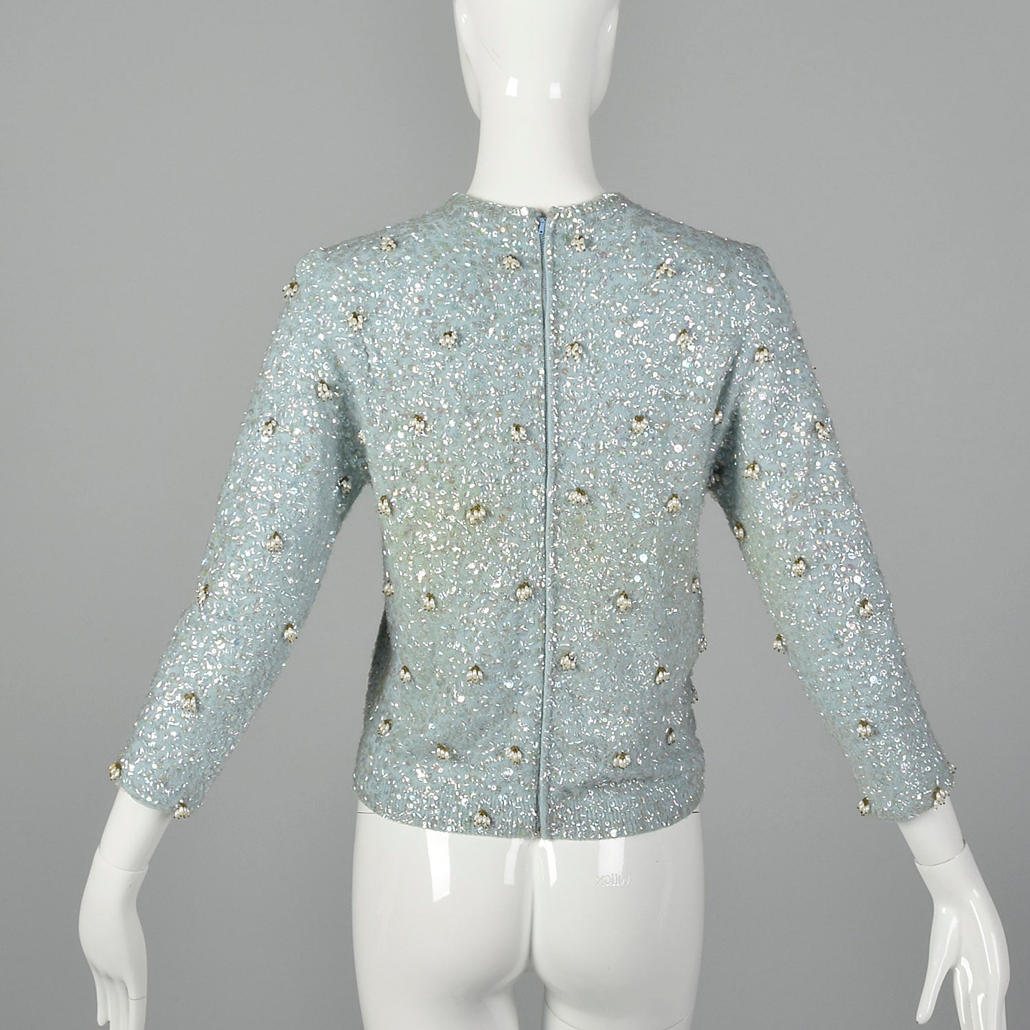 XS 1960s Fully Beaded and Sequined Blue Sweater