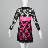 1980s Travilla Hot Pink and Black Lace Dress