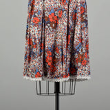 Small-Large 1960s Orange and Blue Floral and Geometric Wrap Dress