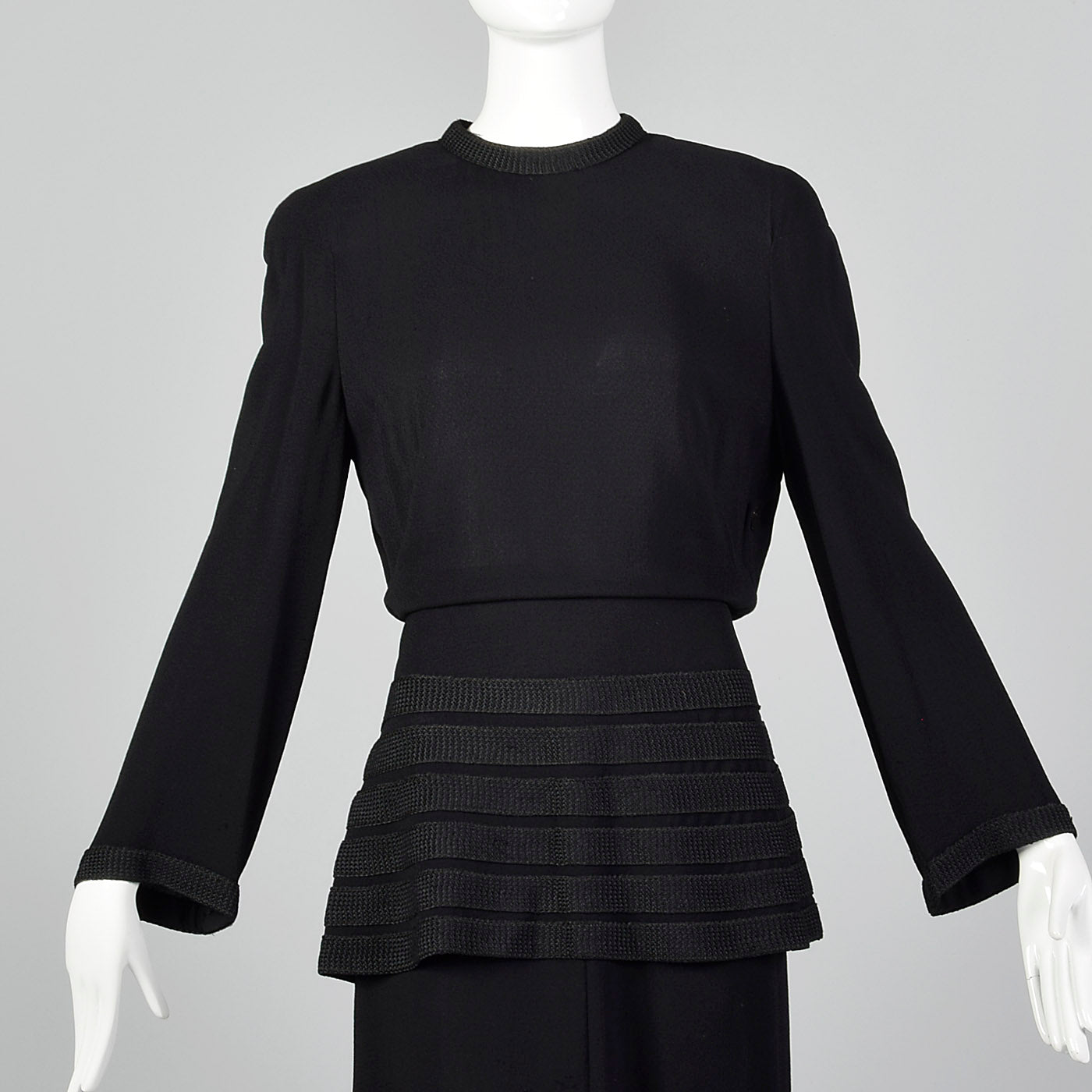 1940s Black Peplum Dress with Woven Stripe Trim