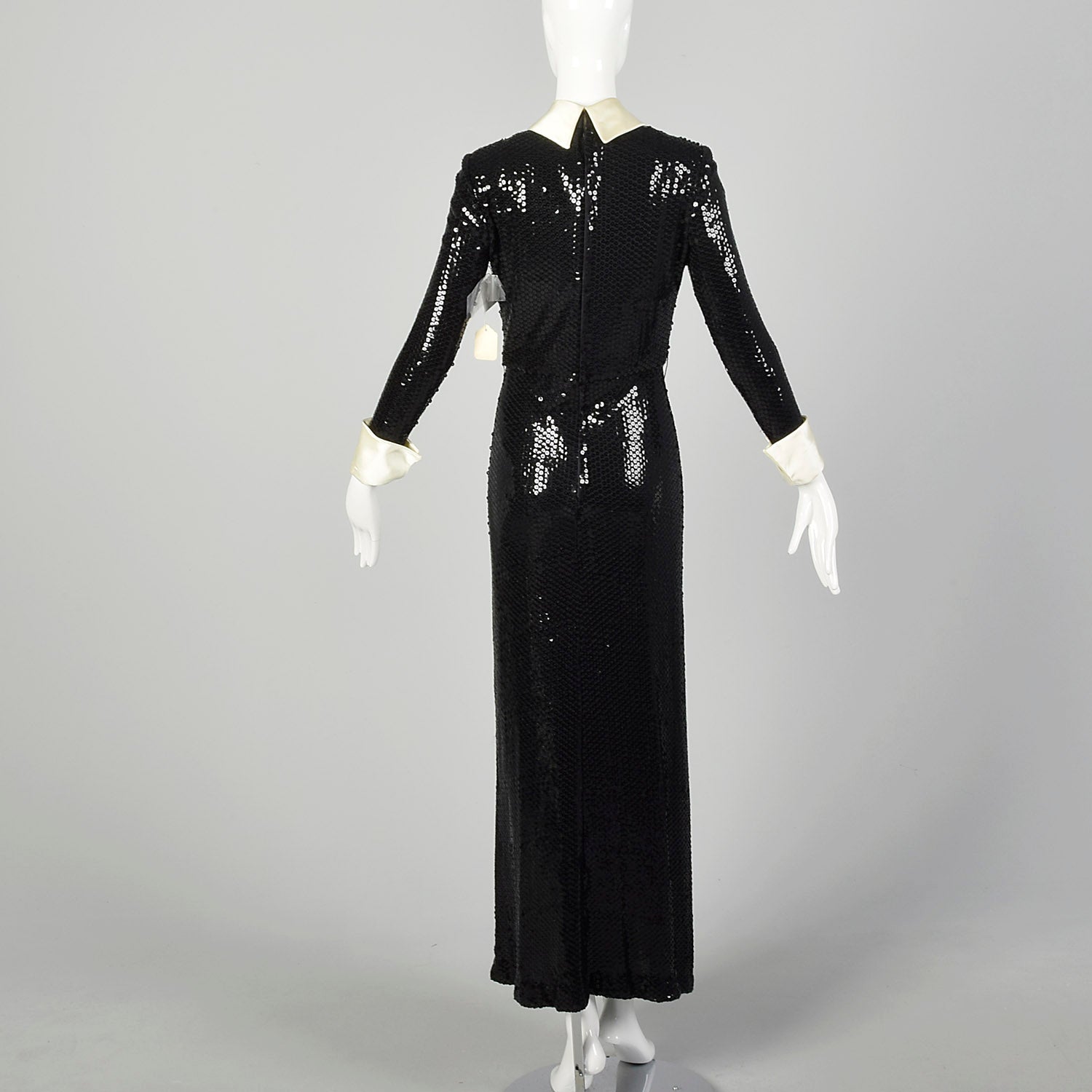 Small 1970s Kiki Hart Dress Disco Black Sequin Maxi Long Sleeve Evening Gown