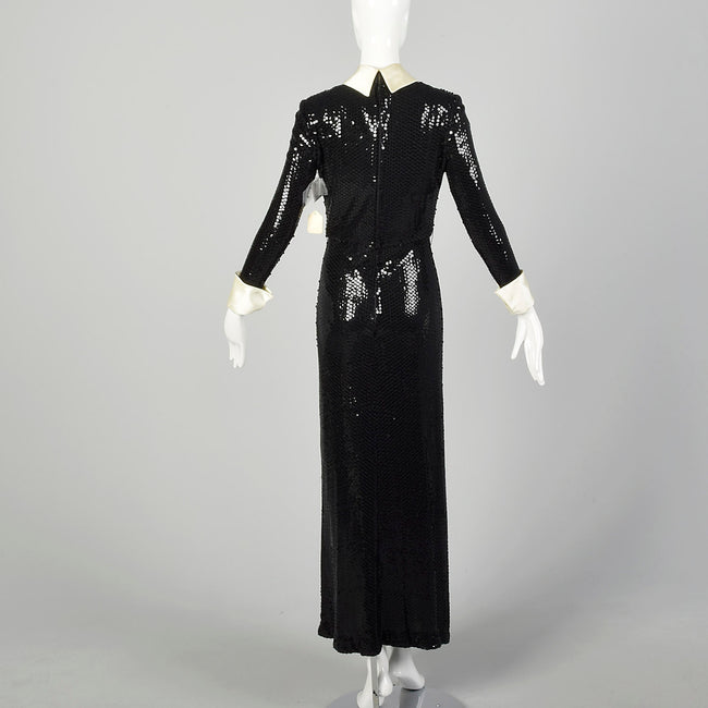 Small 1970s Kiki Hart Dress Disco Black Sequin Maxi Long Sleeve Evening Gown
