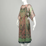 Small 1970s Victor Costa Dress Green Two-Piece Sheer Chiffon Boho