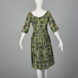 Medium 1950s Green Wild West Novelty Print Day Dress