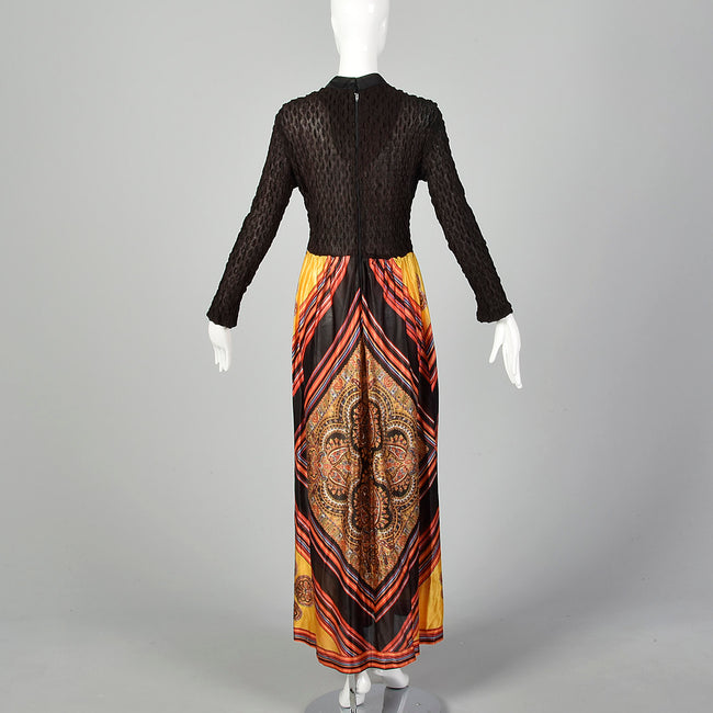 1970s Bohemian Multi-Color Long Sleeve Maxi Costume Dress