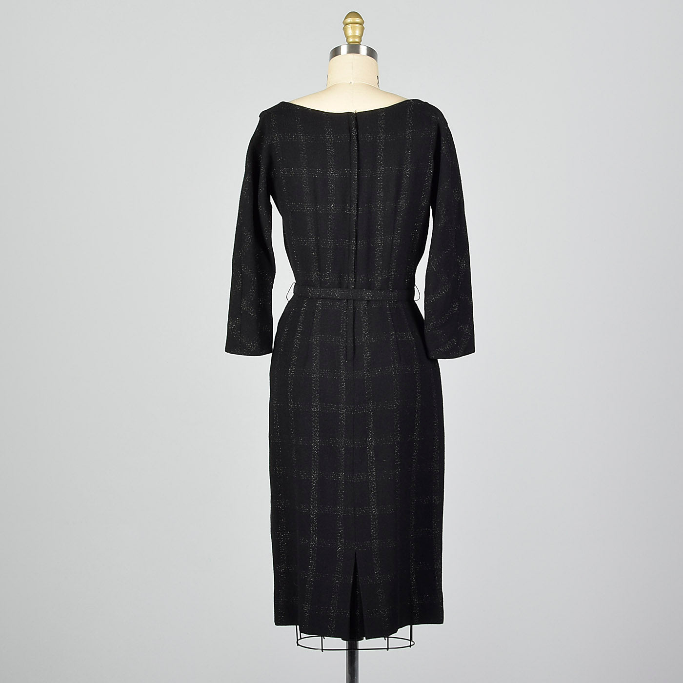 1950s Black Wool Dress with Silver Metallic Plaid
